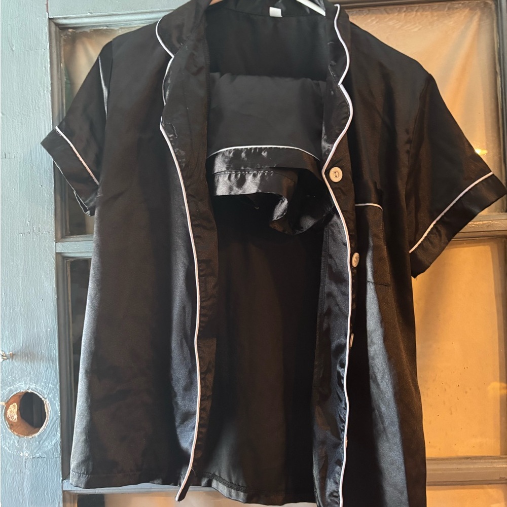 Black Satin Pajama Top with White Trim